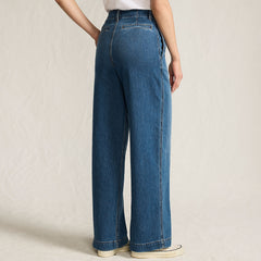 Women's Soft Denim High Rise Wide Leg Top Stitch Trousers