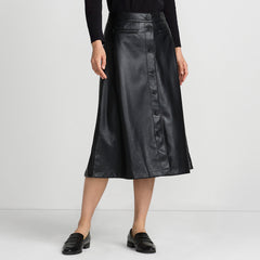 Women's Faux Leather Button Front Midi Skirt