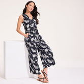Women's Petite Sleeveless Creaseless Wrap Jumpsuit with Smocked Waist
