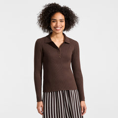 Women's Cotton Ribbed Long Sleeve Polo Sweater