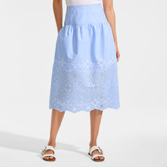 Women's Petite Poplin Drop Waist Embroidered Eyelet Midi Skirt