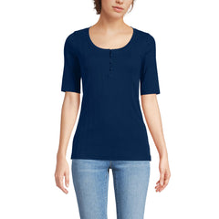 Women's Elbow Sleeve Variegated Micro Rib Scoop Neck Henley
