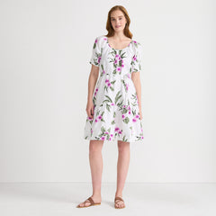 Women's Petite Puff Sleeve Pleated Linen Knee Length Dress