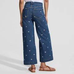 Women's Tall Soft Denim High Rise Embroidered Wide Leg Crop Jeans
