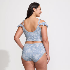 Women's Plus Size Pique Ruffle Midkini Top and High Waisted Bottom Swimsuit Set