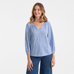 Women's Petite Lightweight Jersey 3/4 Sleeve Notch Neck Gather Blouse