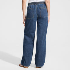 Women's Petite Lightweight Denim High Rise Relaxed Straight Pull On Pocket Jeans