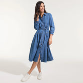 Women's Petite Denim Button Front Midi Shirt Dress