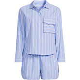 Women's Plus Size Cotton Poplin 2 Piece Pajama Set - Long Sleeve Top and Shorts with Piping