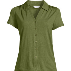 Women's Linen Blend Short Sleeve Button Front Polo Top
