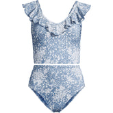 Women's Pique Ruffle Midkini Top and High Waisted Bottom Swimsuit Set