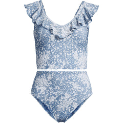 Women's Pique Ruffle Midkini Top and High Waisted Bottom Swimsuit Set