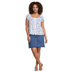 Women's Plus Size Soft Denim 5 Pocket Above the Knee Skirt with Embroidered Hem