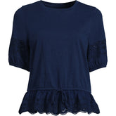 Women's Plus Size Elbow Sleeve Slub Lace Trim Adjustable Hem Top