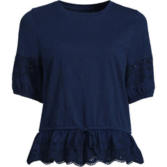 Women's Elbow Sleeve Slub Lace Trim Adjustable Hem Top