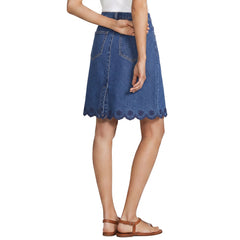 Women's Soft Denim 5 Pocket Above the Knee Skirt with Embroidered Hem