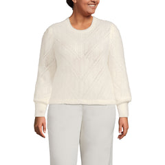 Women's Plus Size Eyelash Fuzzy Pointelle Puff Sleeve Sweater