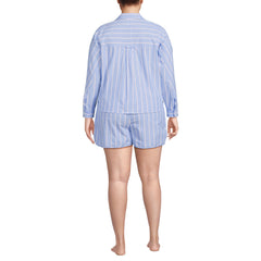 Women's Plus Size Cotton Poplin 2 Piece Pajama Set - Long Sleeve Top and Shorts with Piping