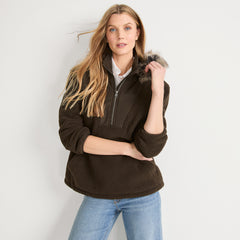 Women's Hooded Half Zip Faux Fur Sherpa Fleece Pullover