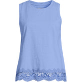 Women's Petite Sleeveless Slub Crew Neck Lace Trim Tank Top
