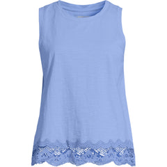 Women's Sleeveless Slub Crew Neck Lace Trim Tank Top