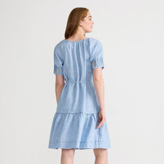 Women's Puff Sleeve Pleated Linen Knee Length Dress