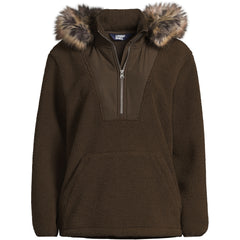 Women's Hooded Half Zip Faux Fur Sherpa Fleece Pullover