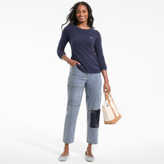 Women's Petite Soft Denim Mid Rise Relaxed Straight Crop Patchwork Jeans