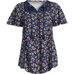 Women's Slub Flutter Sleeve Lace Trim Notch Neck Tunic Top