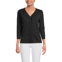 Women's Petite 3/4 Sleeve Slub V-neck Lace Trim Top