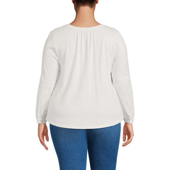 Women's Plus Size Lightweight Jersey Lace Mix Long Sleeve Pintuck Top