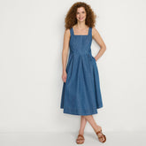 Women's Pleated Square Neck Light Weight Denim Midi Dress