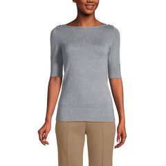 Women Cotton Modal Button Shoulder Boatneck Sweater