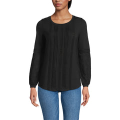 Women's Petite Lightweight Jersey Lace Mix Long Sleeve Pintuck Top