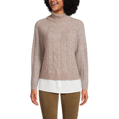 Women's Cable Turtleneck with Mock Shirt Detail Sweater