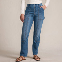 Women's Petite Soft Denim High Rise Rail Straight Leg Utility Jeans
