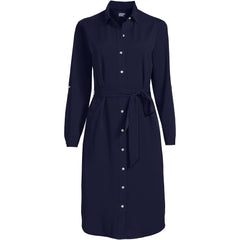 Women's Plus Size Long Sleeve Twill Below Knee Belted Shirt Dress