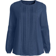 Women's Lightweight Jersey Lace Mix Long Sleeve Pintuck Top