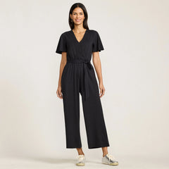 Women's Cotton Modal Tie Waist V Neck Jumpsuit