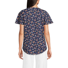 Women's Slub Flutter Sleeve Lace Trim Notch Neck Tunic Top