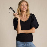 Women's Petite Drapey Rib Puff Sleeve Scoop Neck Top