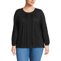 Women's Plus Size Lightweight Jersey Lace Mix Long Sleeve Pintuck Top