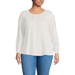 Women's Plus Size Lightweight Jersey Lace Mix Long Sleeve Pintuck Top