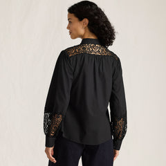 Women's Poplin Lace Inset Long Sleeve Top