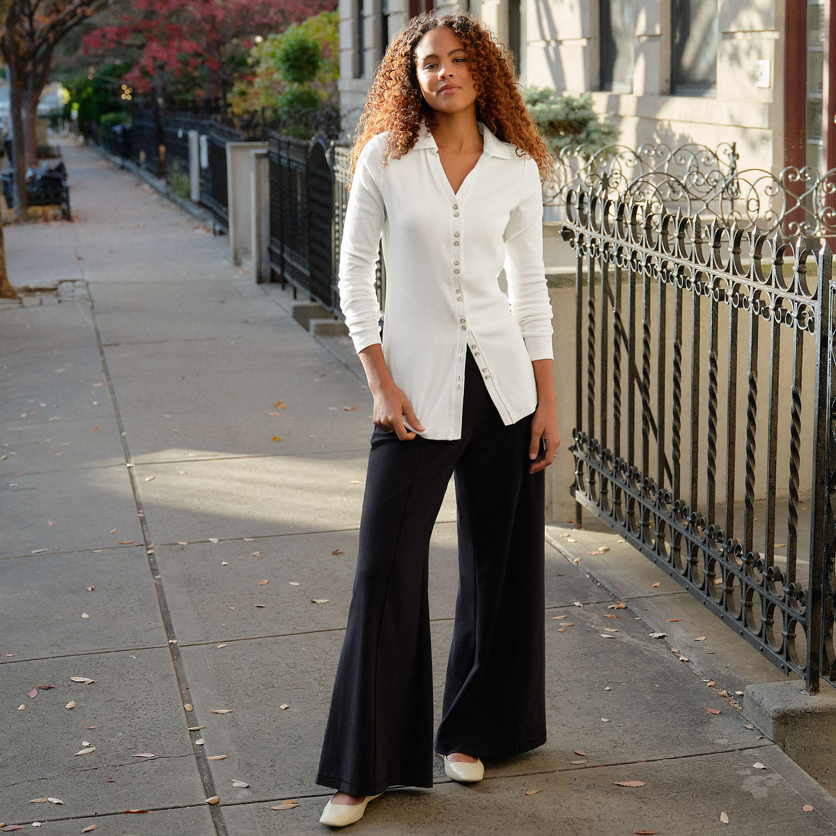 Women's Long Sleeve Polished Rib Button Through Tunic Shirt