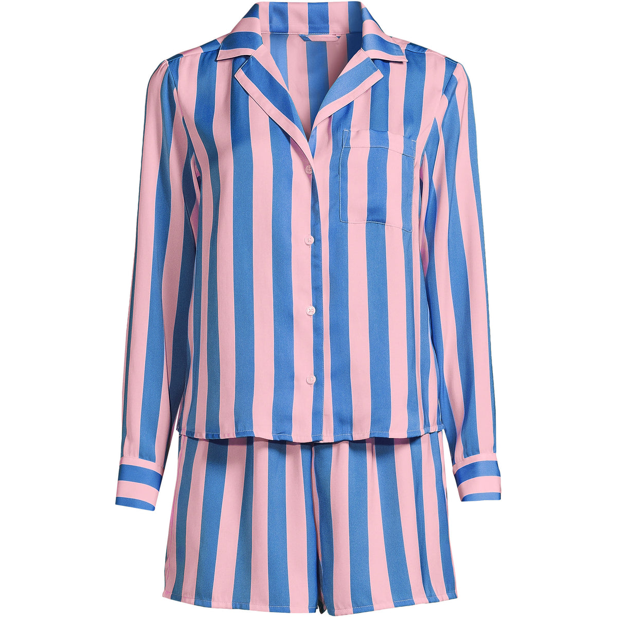 Women's Plus Size Matte Satin 2 Piece Pajama Set - Long Sleeve Top and Shorts