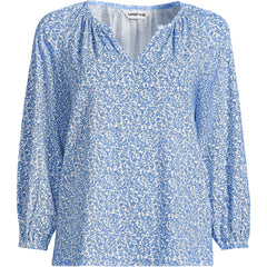 Women's Petite Lightweight Jersey 3/4 Sleeve Notch Neck Gather Blouse