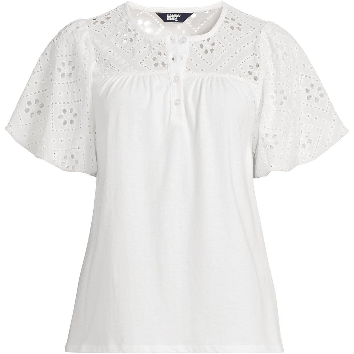 Women's Eyelet Crew Puff Sleeve Top