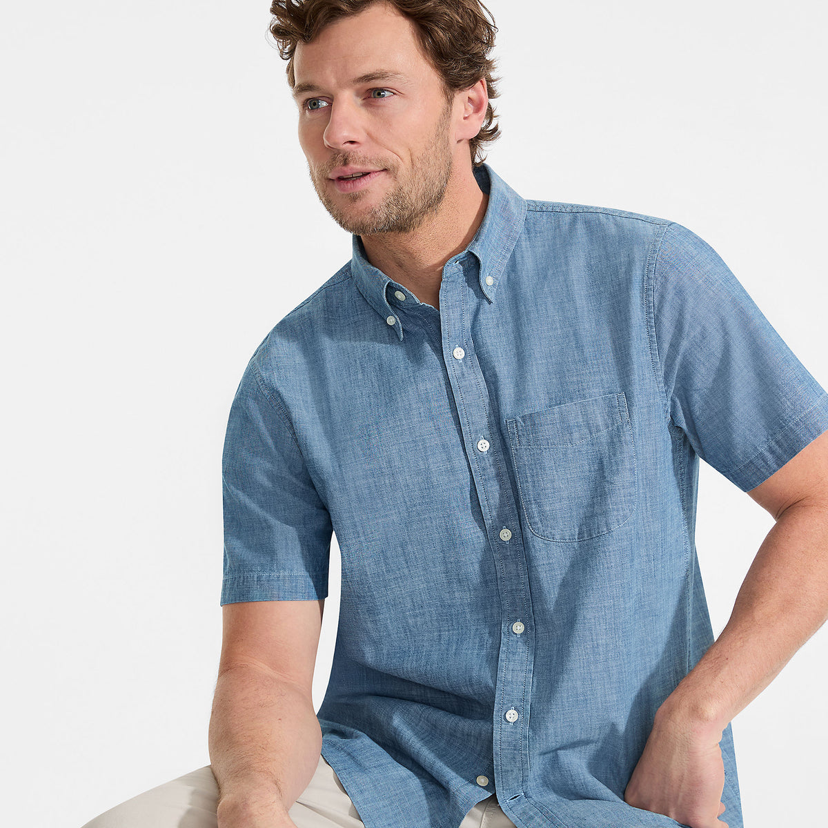 Men's Tall Short Sleeve Easy Fit Chambray Shirt