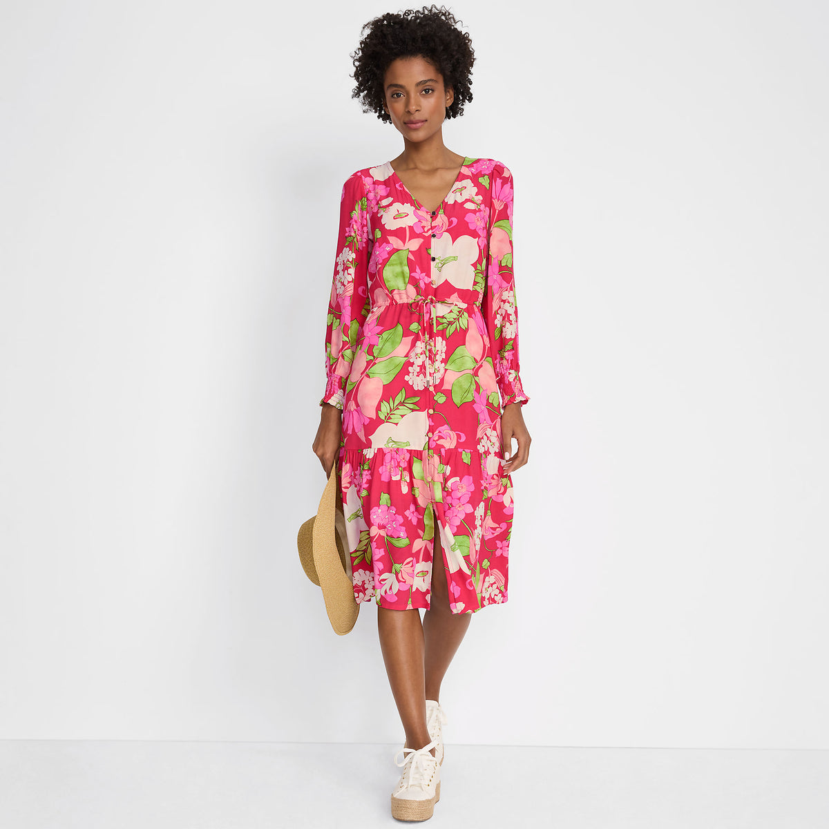 Women's Crepe Button Front Long Sleeve Midi Dress